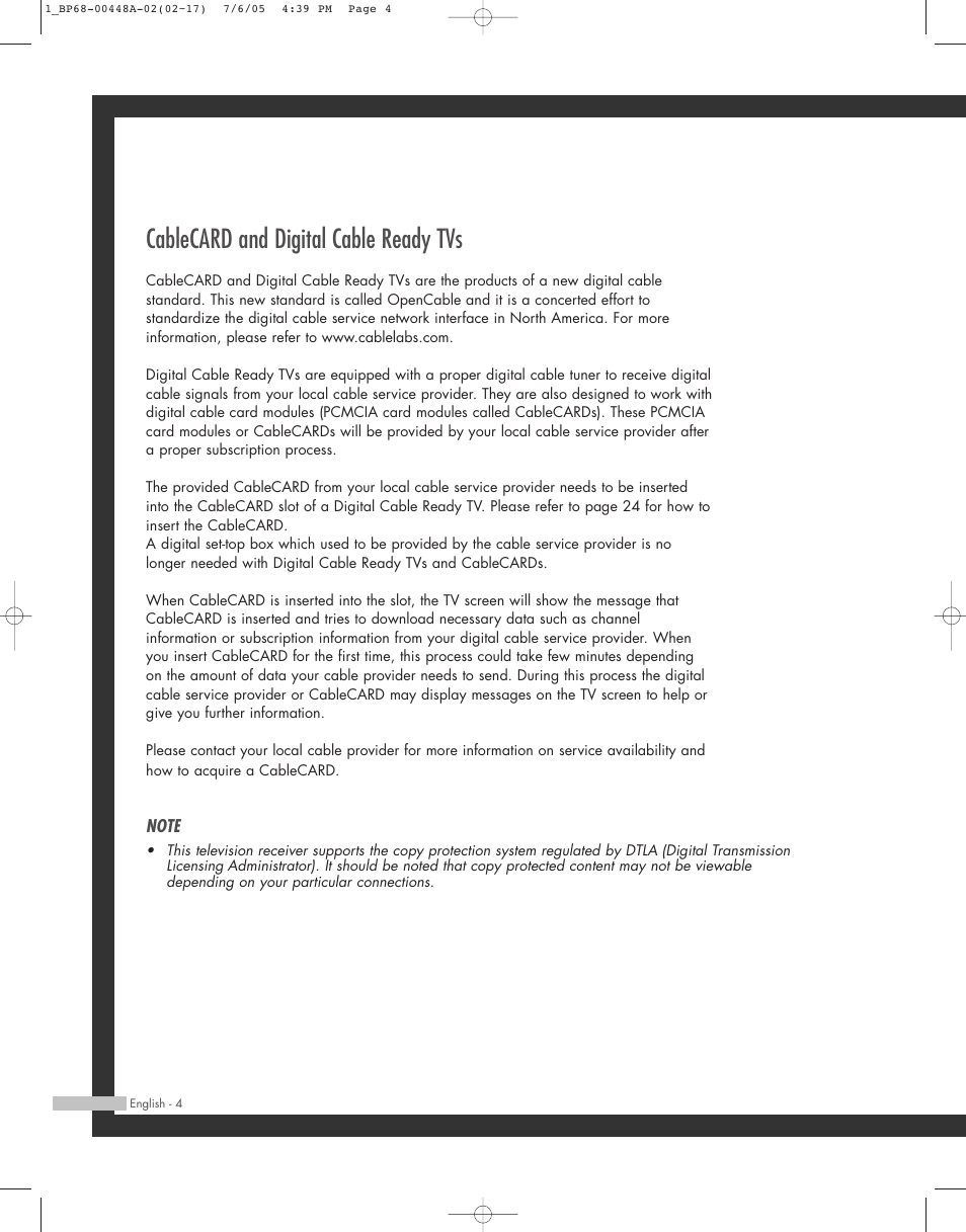Cablecard and digital cable ready tvs | Samsung HL-R5687W User Manual | Page 4 / 104