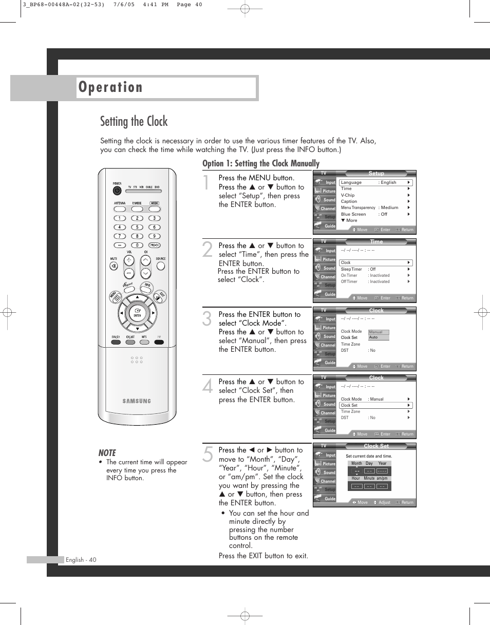 Operation, Setting the clock, Option 1: setting the clock manually | Samsung HL-R5687W User Manual | Page 40 / 104