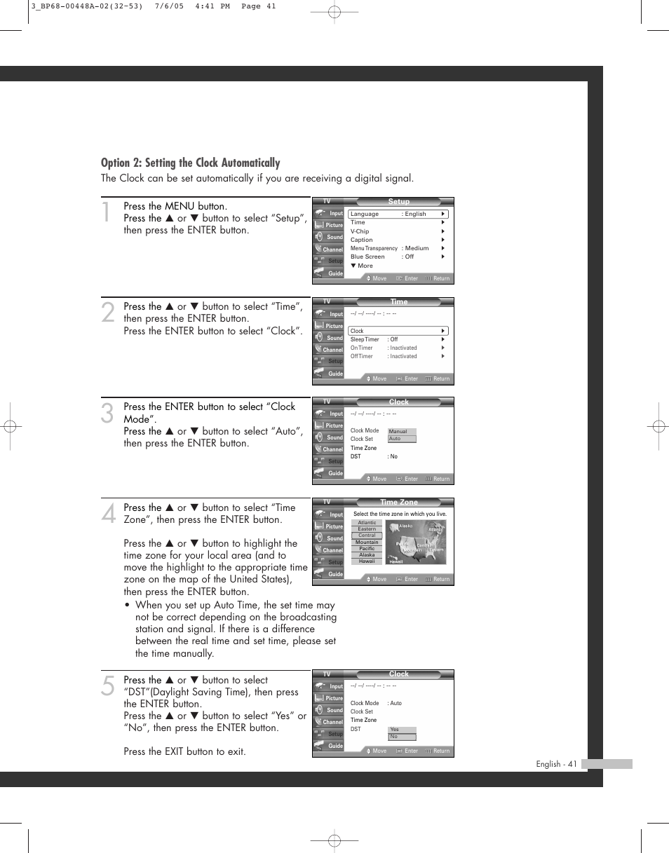 Option 2: setting the clock automatically | Samsung HL-R5687W User Manual | Page 41 / 104