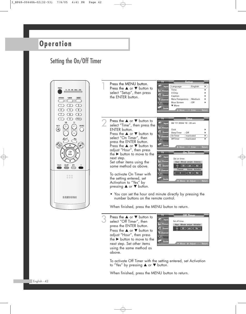 Operation, Setting the on/off timer | Samsung HL-R5687W User Manual | Page 42 / 104