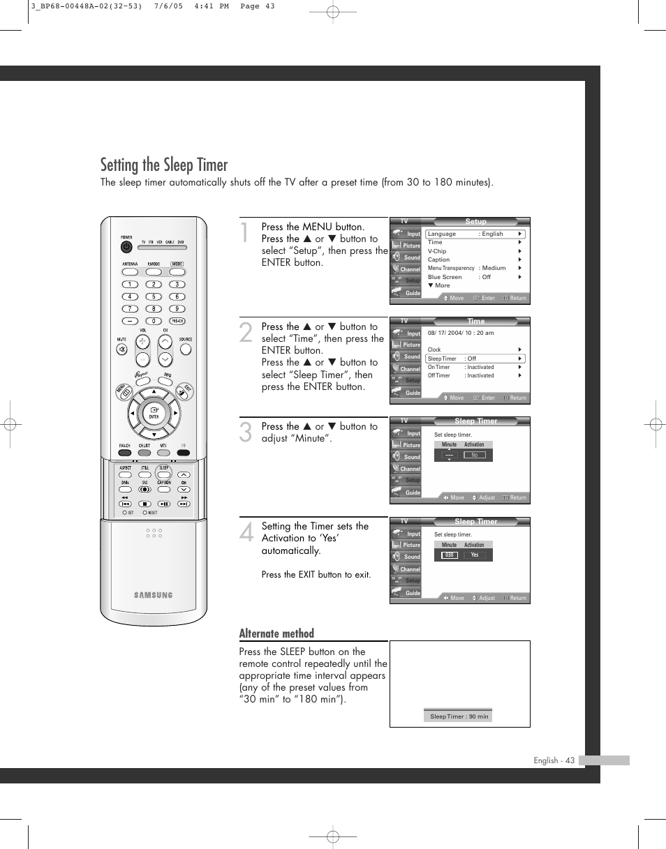Setting the sleep timer, Alternate method, Press the … or † button to adjust “minute | Samsung HL-R5687W User Manual | Page 43 / 104