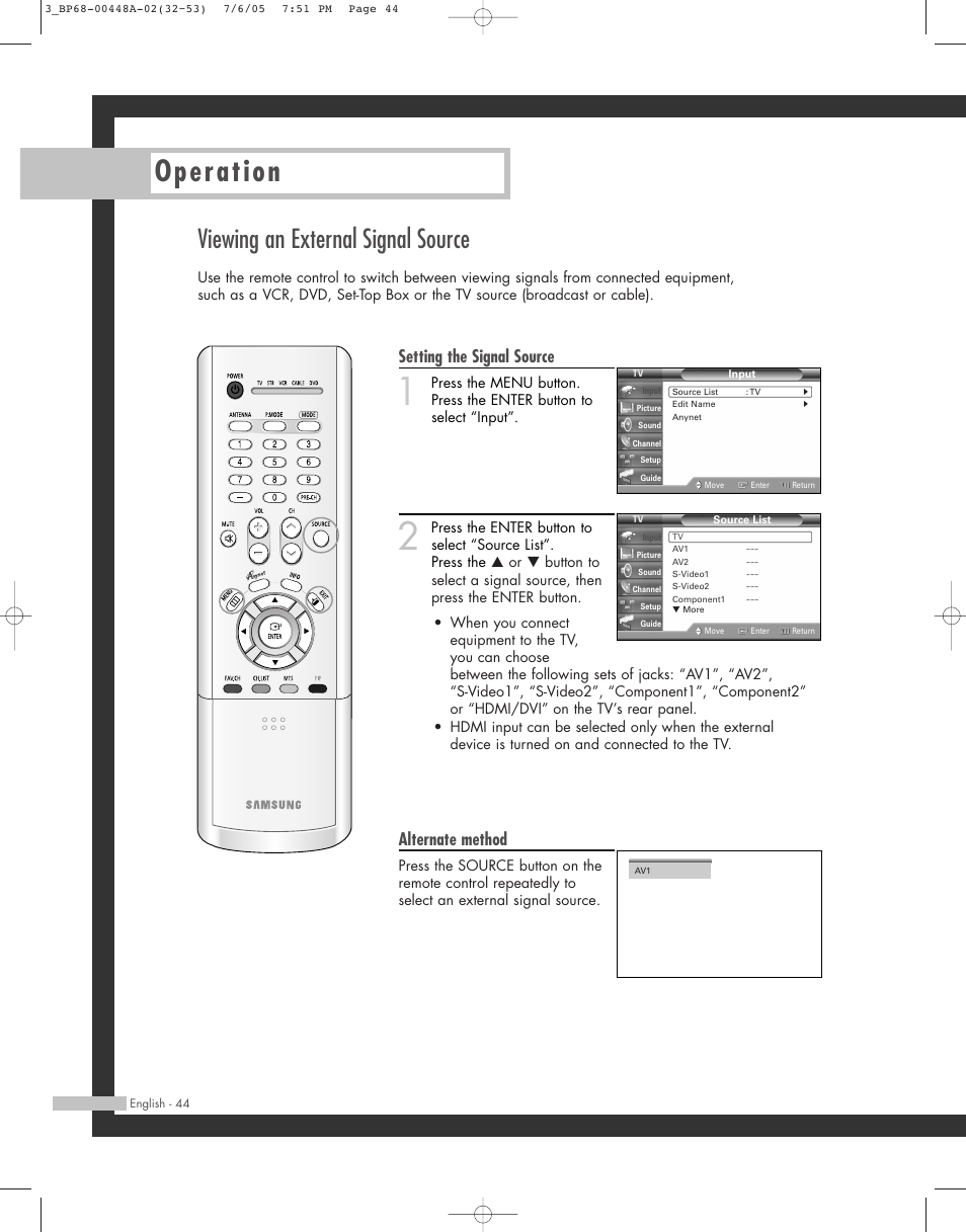 Operation, Viewing an external signal source, Setting the signal source | Alternate method | Samsung HL-R5687W User Manual | Page 44 / 104