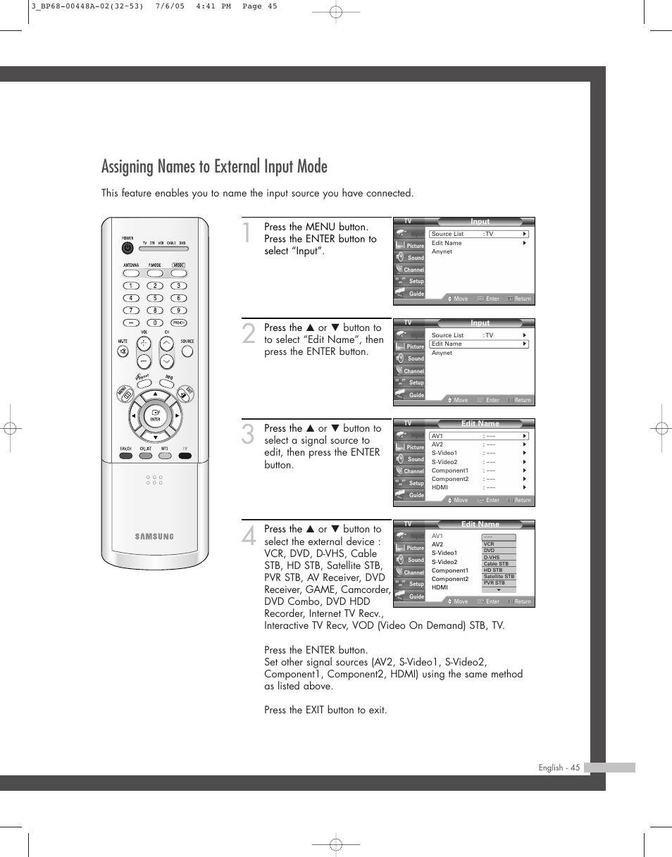 Assigning names to external input mode | Samsung HL-R5687W User Manual | Page 45 / 104