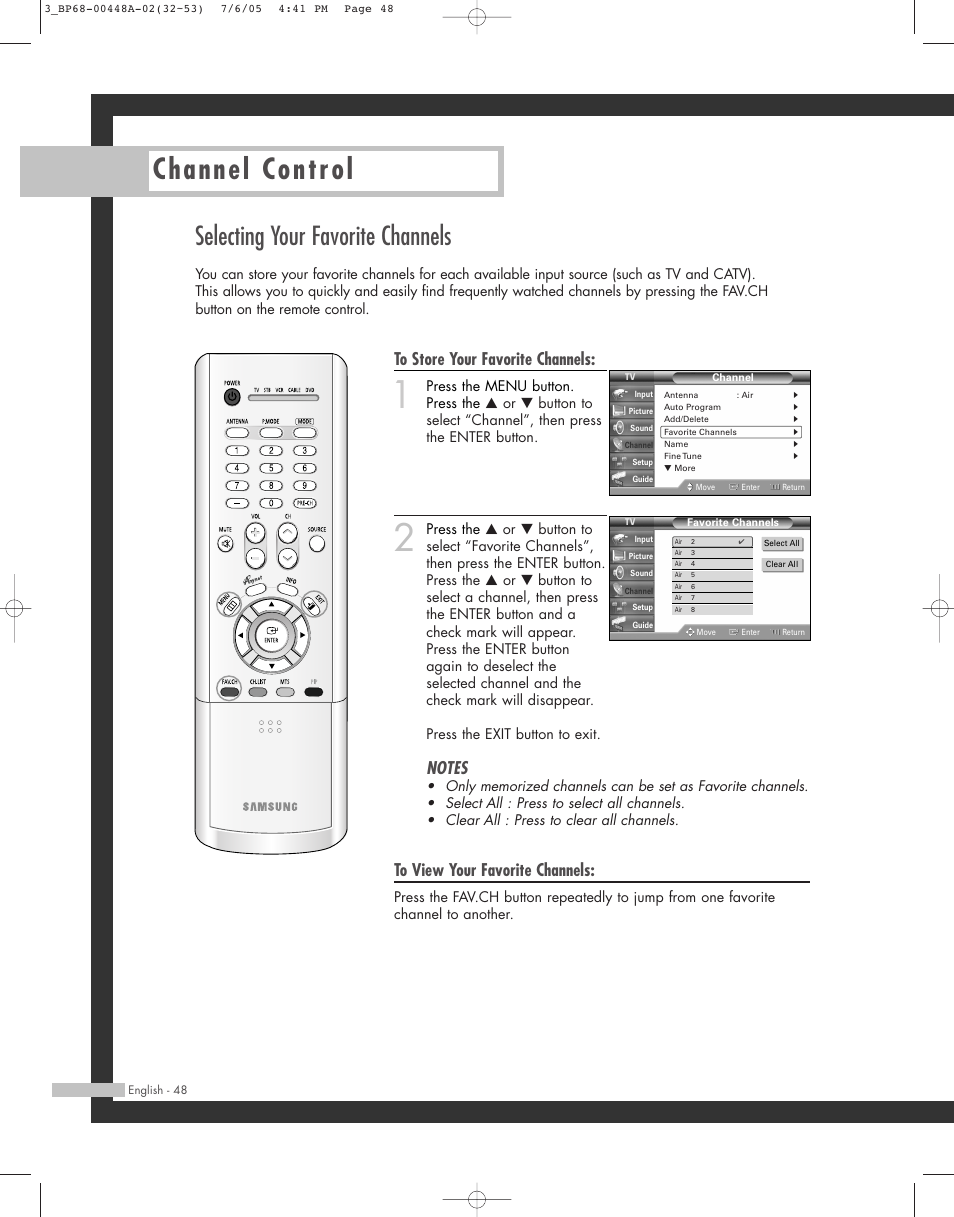 Channel control, Selecting your favorite channels | Samsung HL-R5687W User Manual | Page 48 / 104