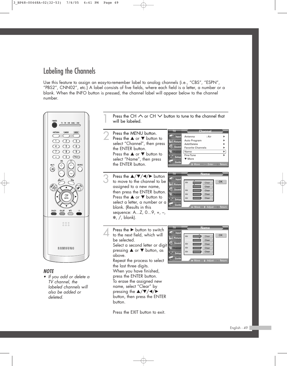 Labeling the channels | Samsung HL-R5687W User Manual | Page 49 / 104