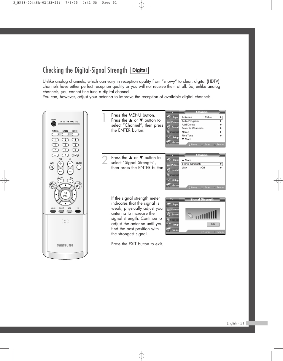 Checking the digital-signal strength, Digital | Samsung HL-R5687W User Manual | Page 51 / 104