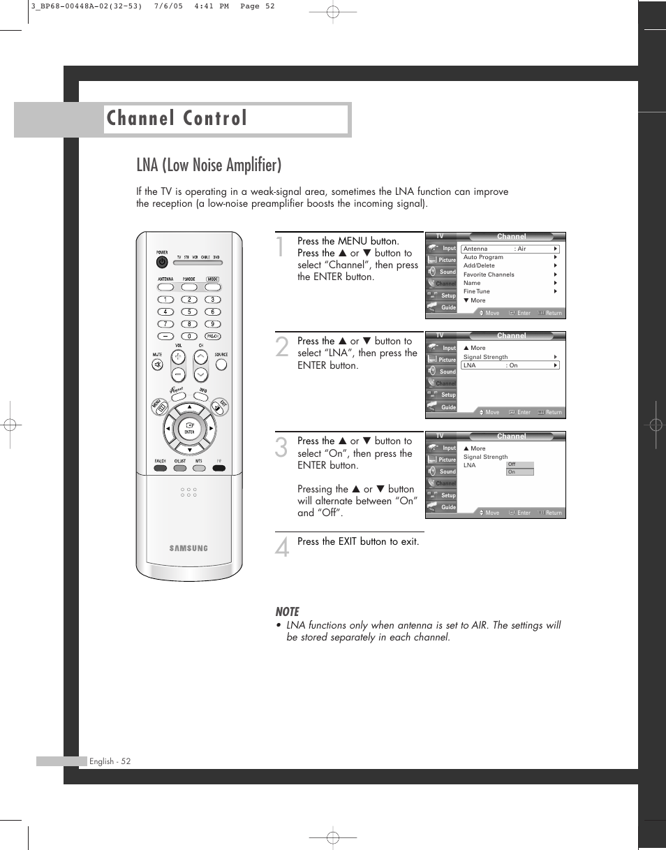 Channel control, Lna (low noise amplifier) | Samsung HL-R5687W User Manual | Page 52 / 104