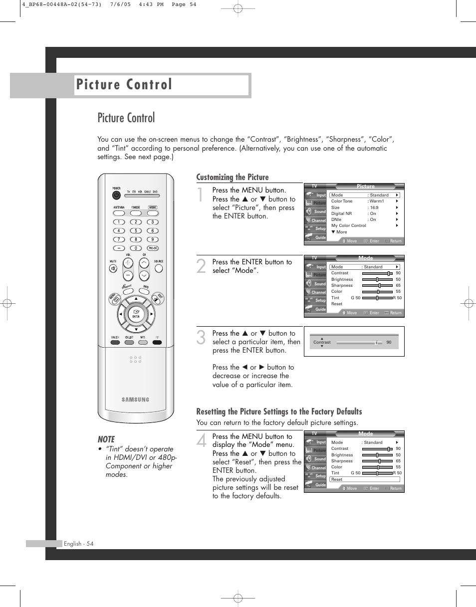 Picture control, Customizing the picture | Samsung HL-R5687W User Manual | Page 54 / 104