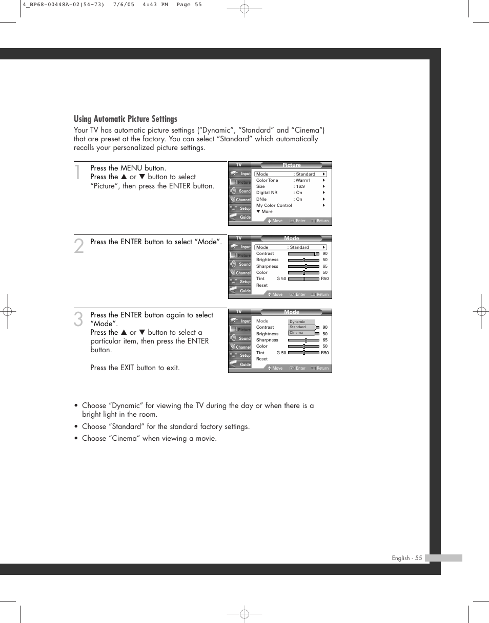 Using automatic picture settings, Press the enter button to select “mode | Samsung HL-R5687W User Manual | Page 55 / 104