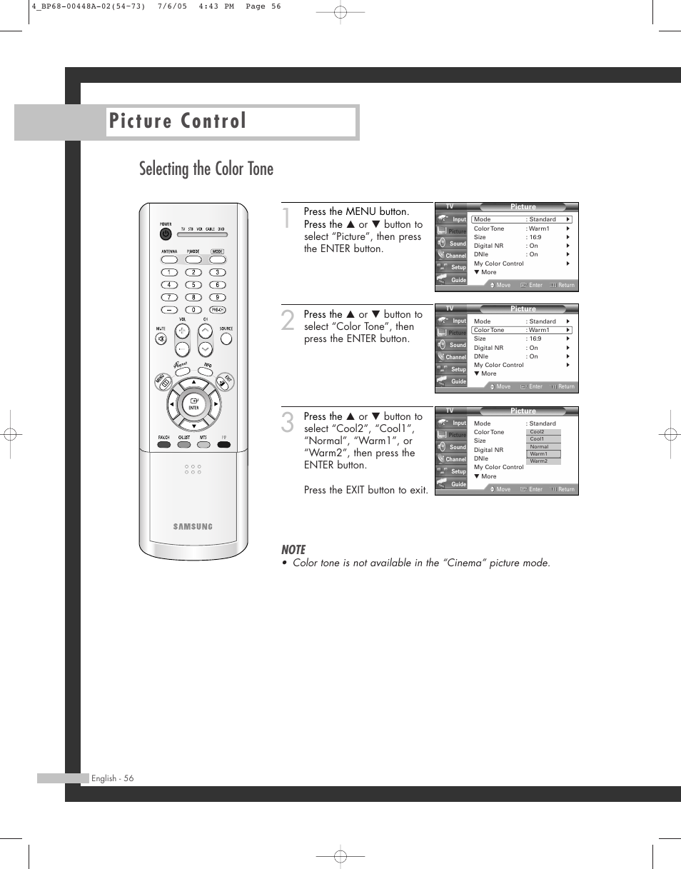 Picture control, Selecting the color tone | Samsung HL-R5687W User Manual | Page 56 / 104