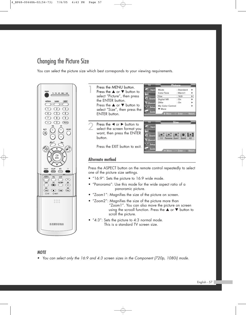 Changing the picture size, Alternate method | Samsung HL-R5687W User Manual | Page 57 / 104