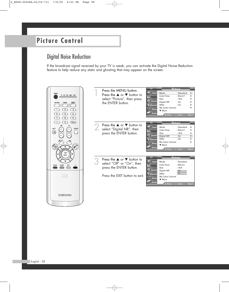 Picture control, Digital noise reduction | Samsung HL-R5687W User Manual | Page 58 / 104