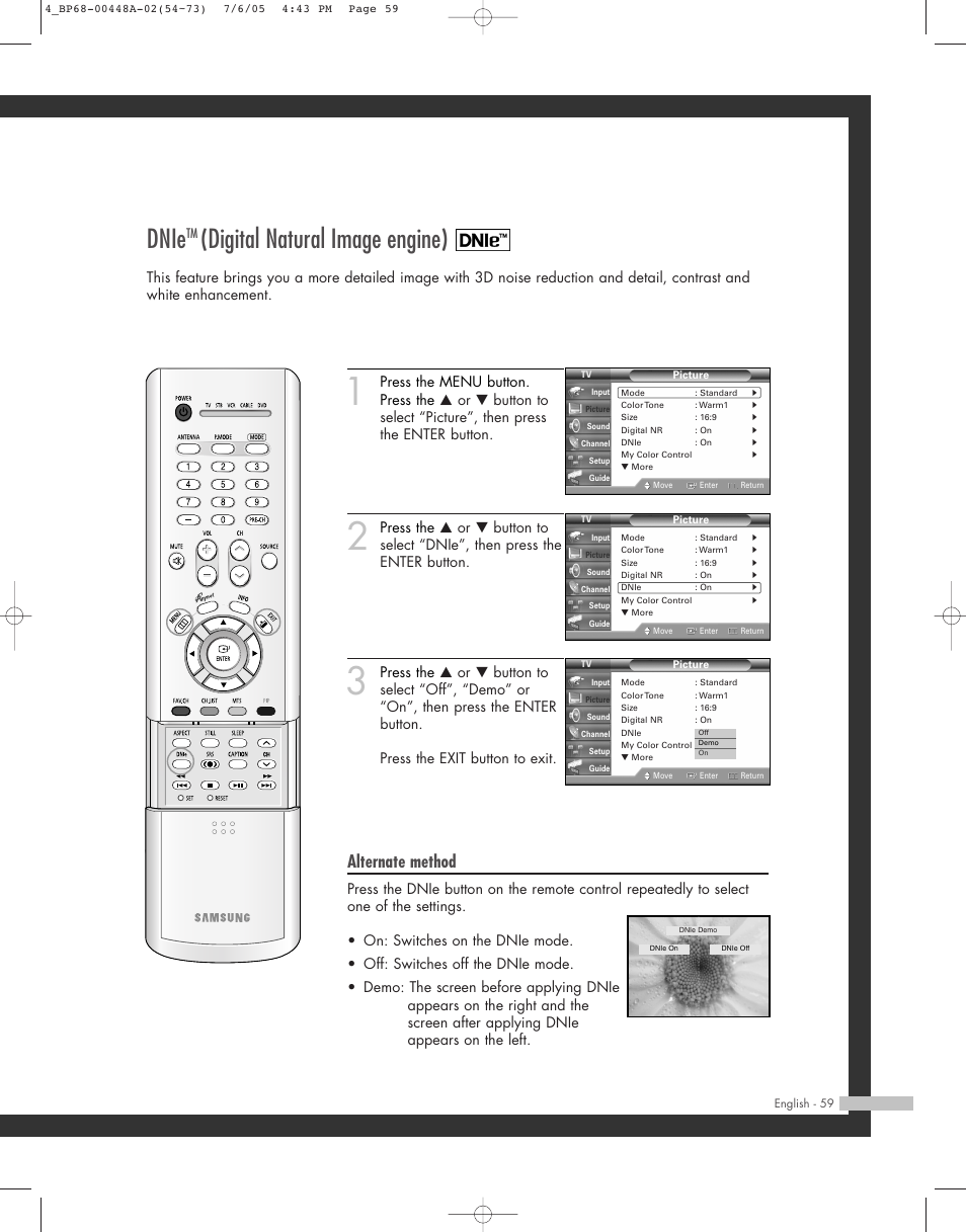 Dnie, Digital natural image engine), Alternate method | Samsung HL-R5687W User Manual | Page 59 / 104
