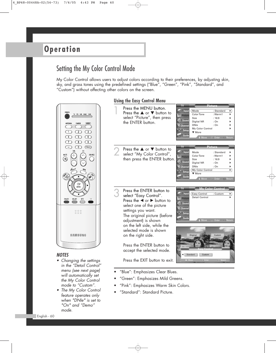 Operation, Setting the my color control mode, Using the easy control menu | Samsung HL-R5687W User Manual | Page 60 / 104