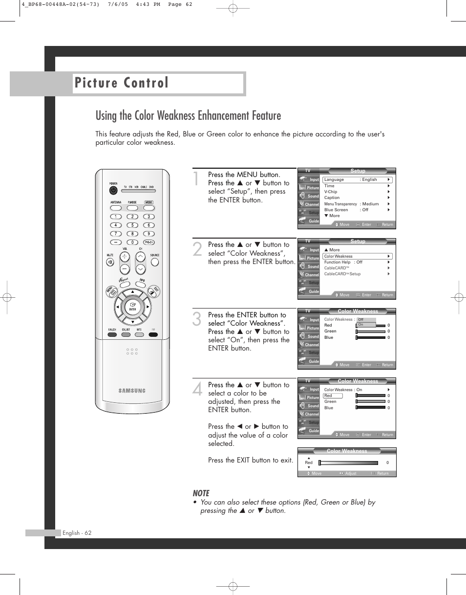 Picture control, Using the color weakness enhancement feature | Samsung HL-R5687W User Manual | Page 62 / 104
