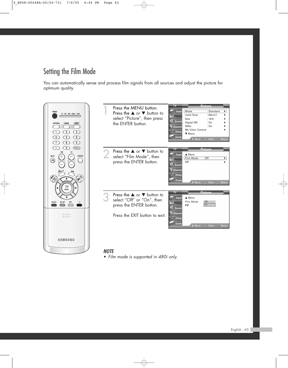 Setting the film mode, Film mode is supported in 480i only | Samsung HL-R5687W User Manual | Page 63 / 104