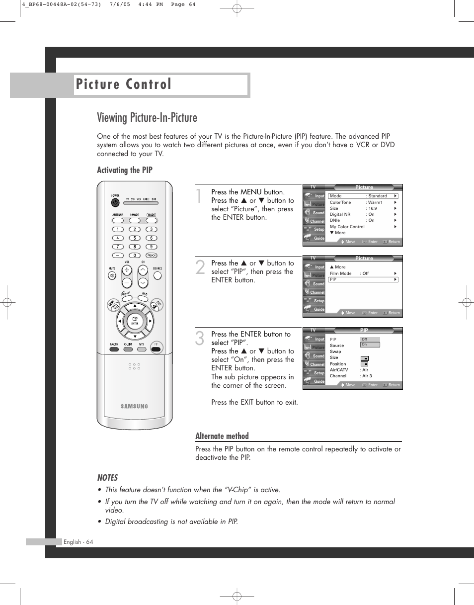 Picture control, Viewing picture-in-picture, Activating the pip | Alternate method | Samsung HL-R5687W User Manual | Page 64 / 104
