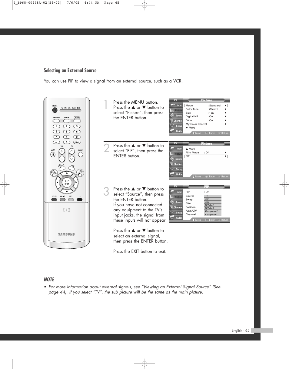 Selecting an external source | Samsung HL-R5687W User Manual | Page 65 / 104