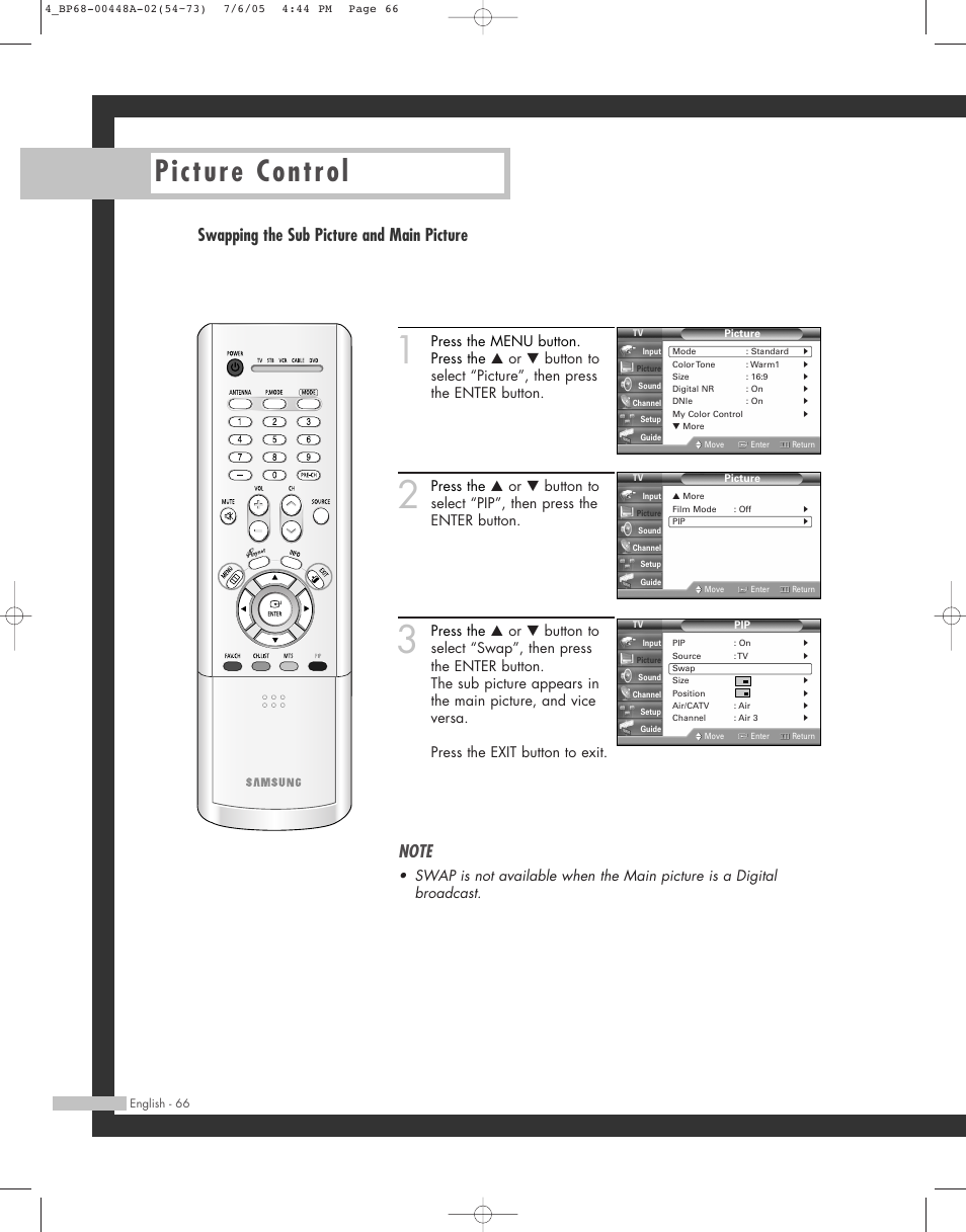 Picture control, Swapping the sub picture and main picture | Samsung HL-R5687W User Manual | Page 66 / 104