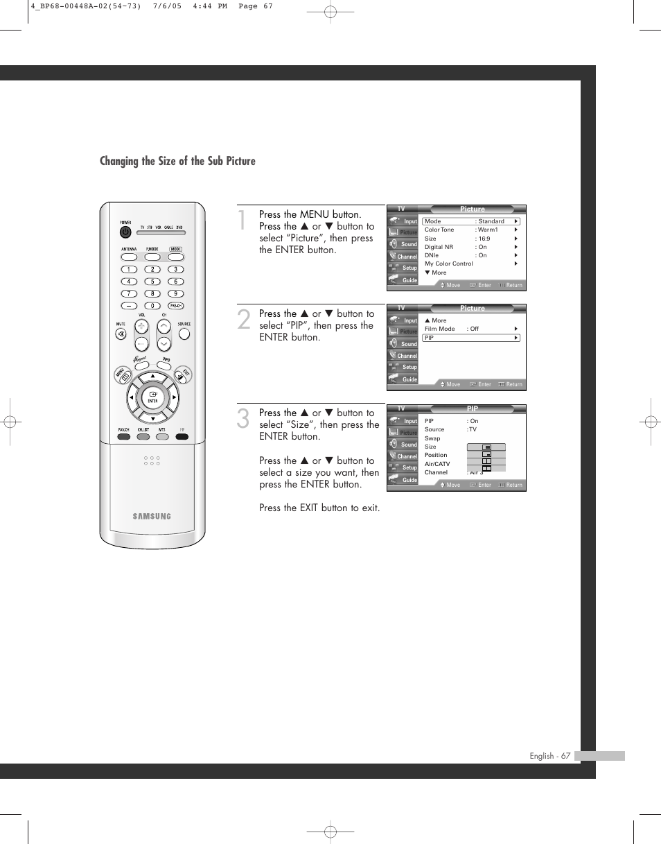 Changing the size of the sub picture | Samsung HL-R5687W User Manual | Page 67 / 104