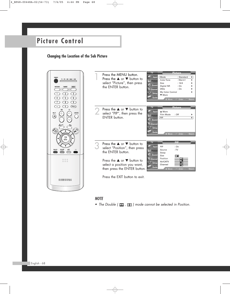 Picture control, Changing the location of the sub picture | Samsung HL-R5687W User Manual | Page 68 / 104