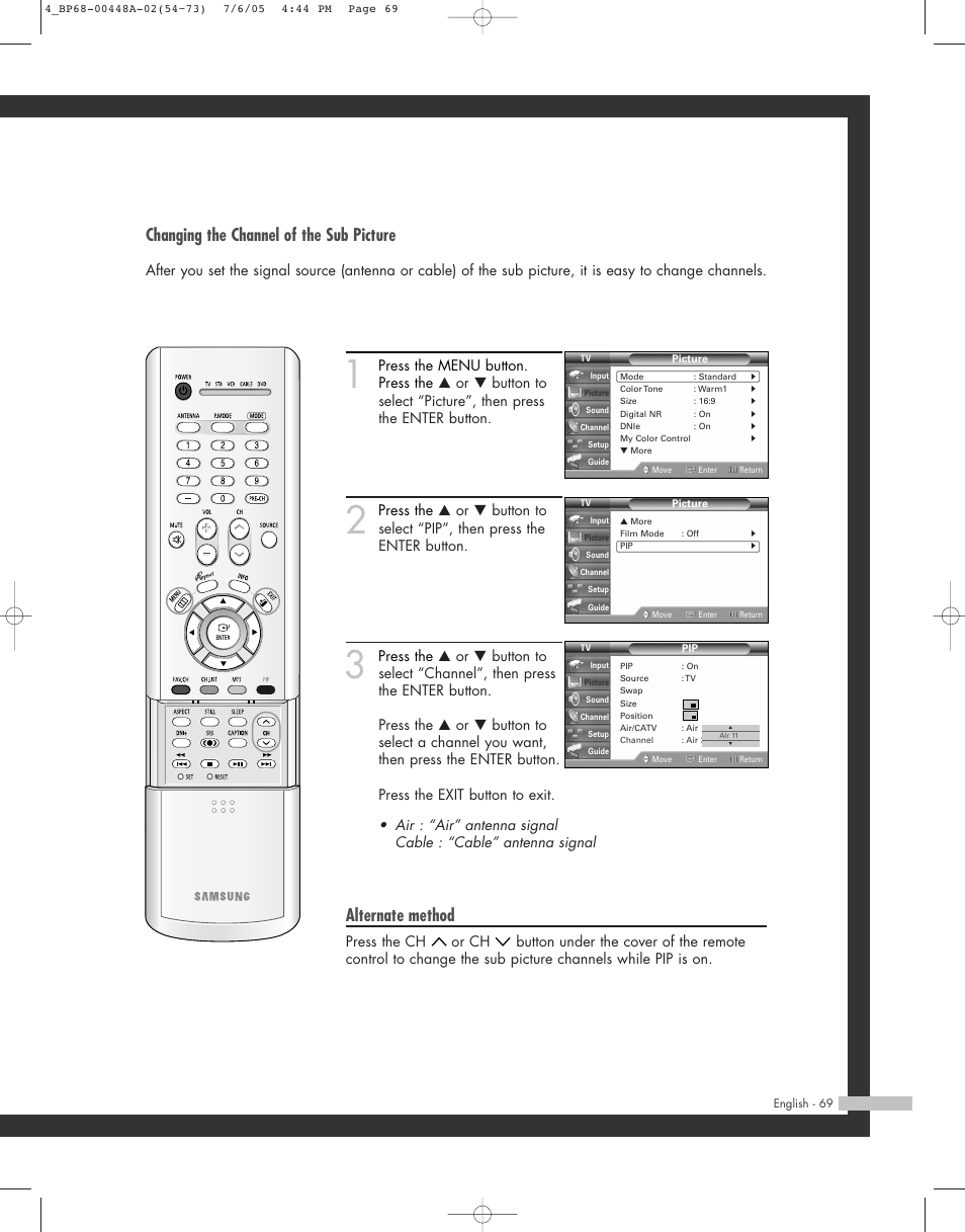 Changing the channel of the sub picture, Alternate method | Samsung HL-R5687W User Manual | Page 69 / 104