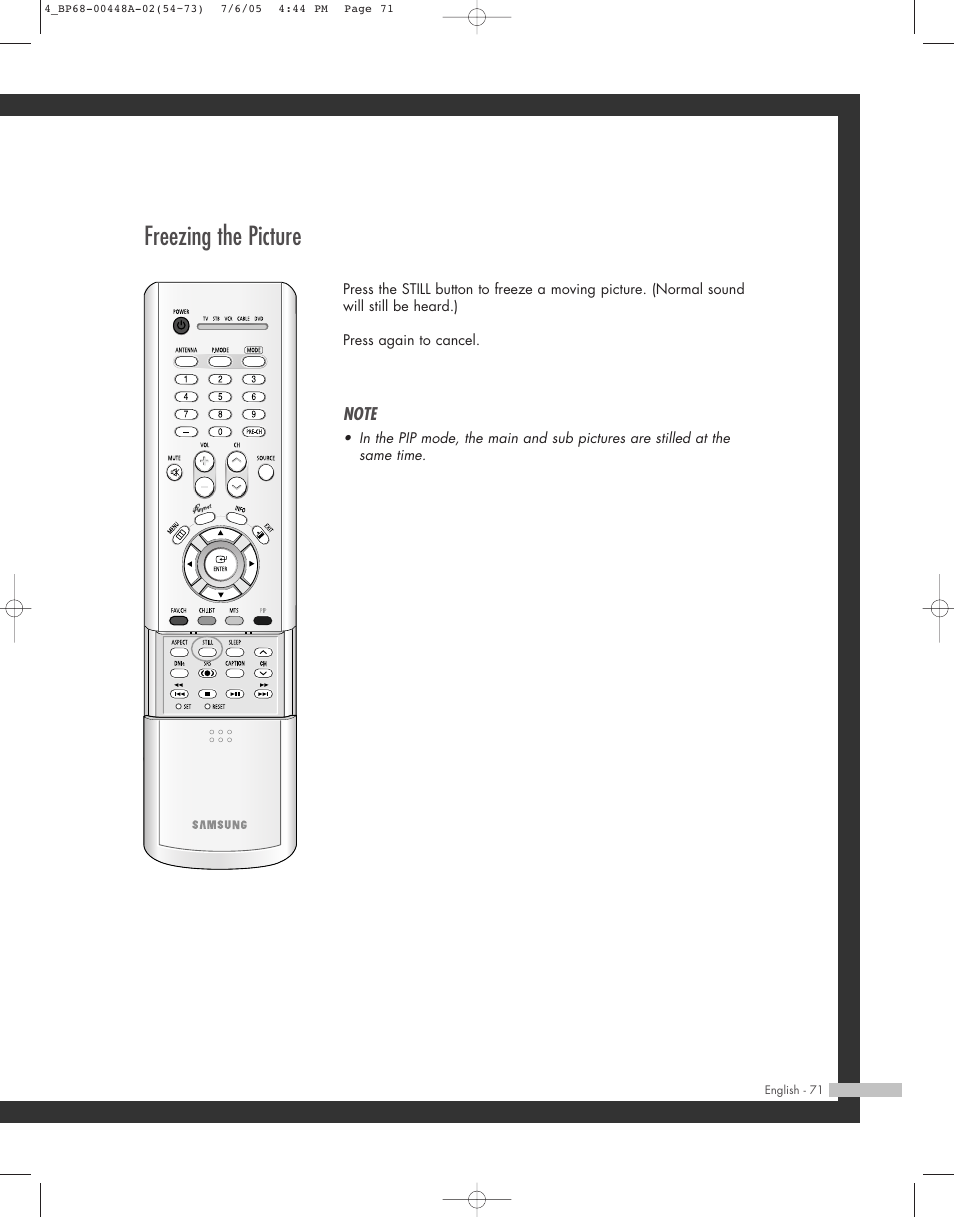 Freezing the picture | Samsung HL-R5687W User Manual | Page 71 / 104