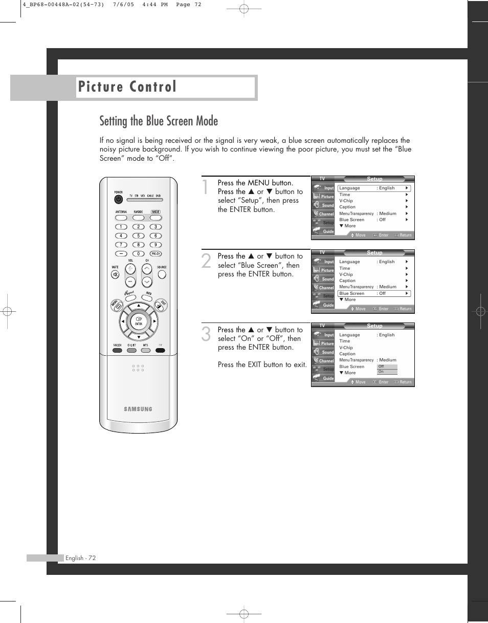 Picture control, Setting the blue screen mode | Samsung HL-R5687W User Manual | Page 72 / 104