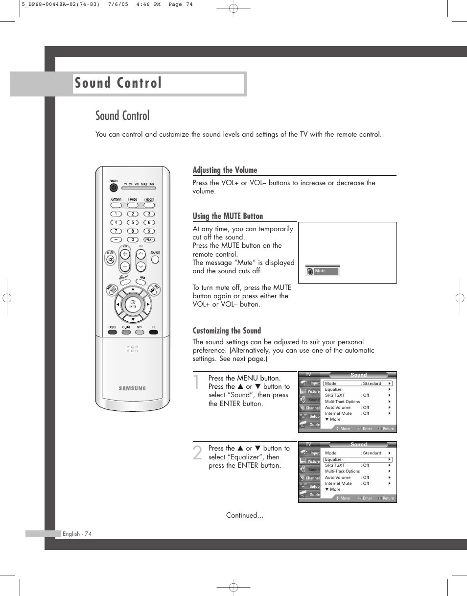 Sound control, Adjusting the volume, Using the mute button | Customizing the sound | Samsung HL-R5687W User Manual | Page 74 / 104