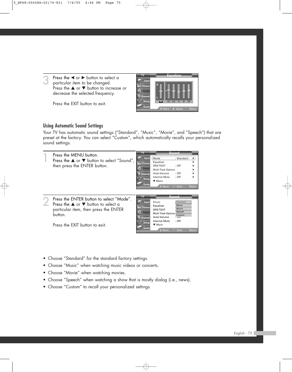 Using automatic sound settings | Samsung HL-R5687W User Manual | Page 75 / 104