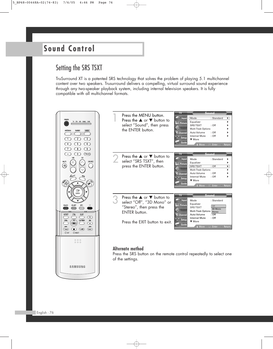 Sound control, Setting the srs tsxt, Alternate method | Samsung HL-R5687W User Manual | Page 76 / 104