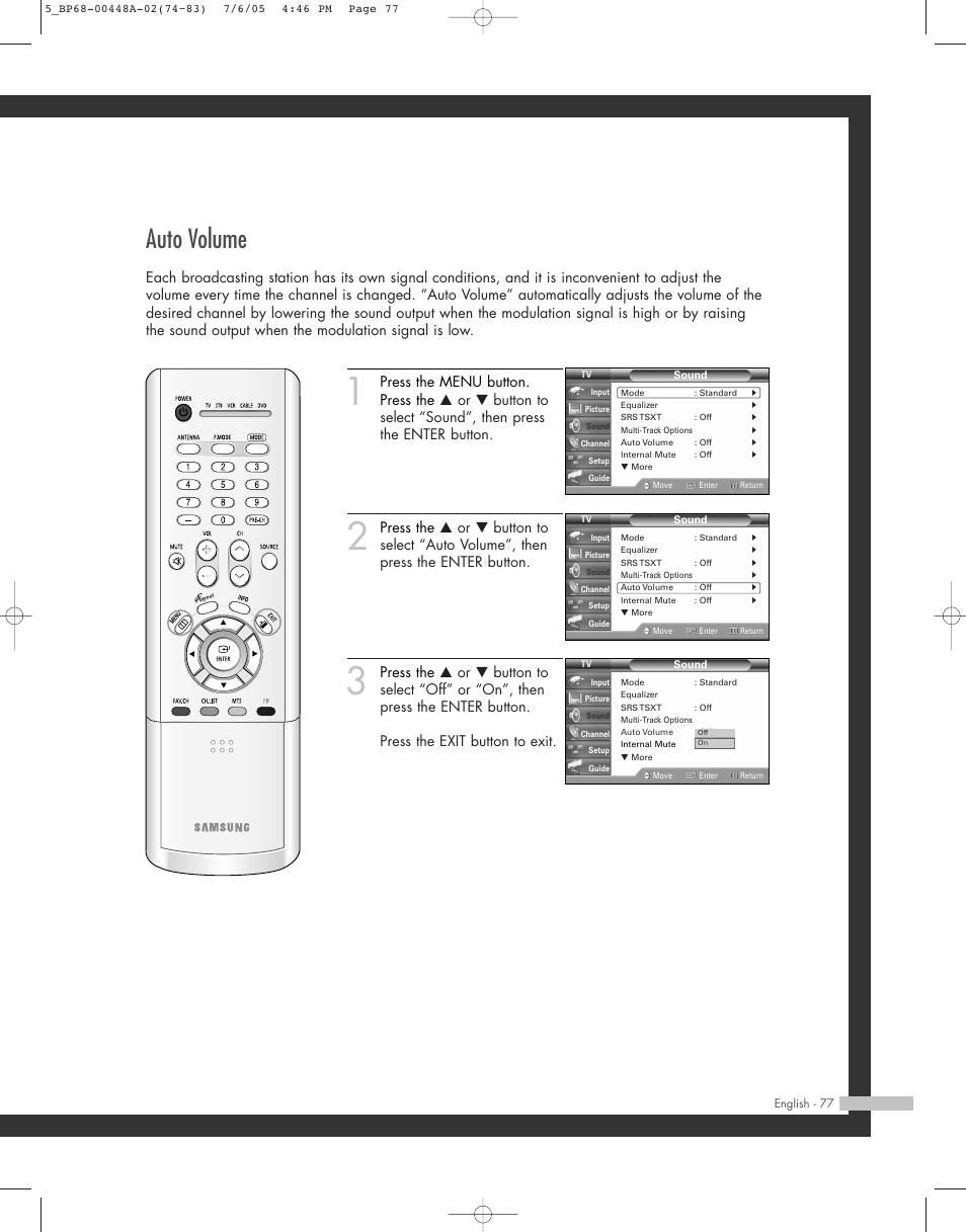 Auto volume | Samsung HL-R5687W User Manual | Page 77 / 104