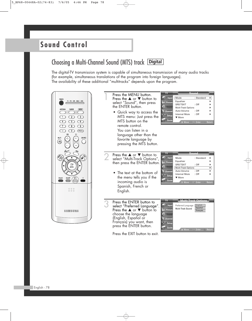 Sound control, Choosing a multi-channel sound (mts) track, Digital | Samsung HL-R5687W User Manual | Page 78 / 104