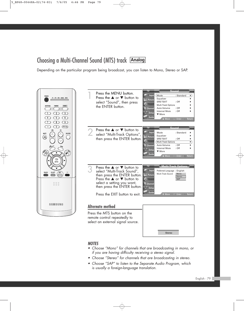 Choosing a multi-channel sound (mts) track, Analog, Alternate method | Samsung HL-R5687W User Manual | Page 79 / 104