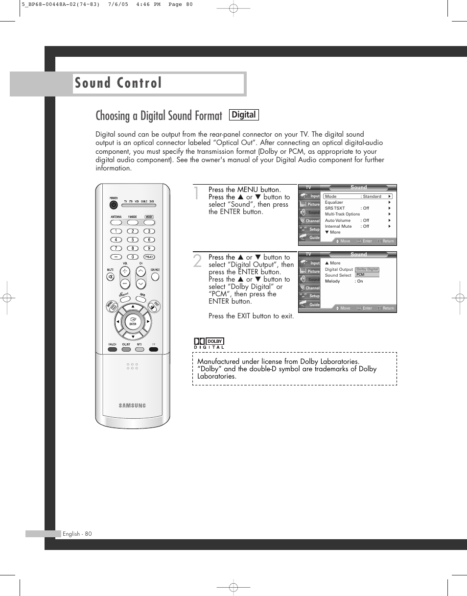 Sound control, Choosing a digital sound format, Digital | Samsung HL-R5687W User Manual | Page 80 / 104