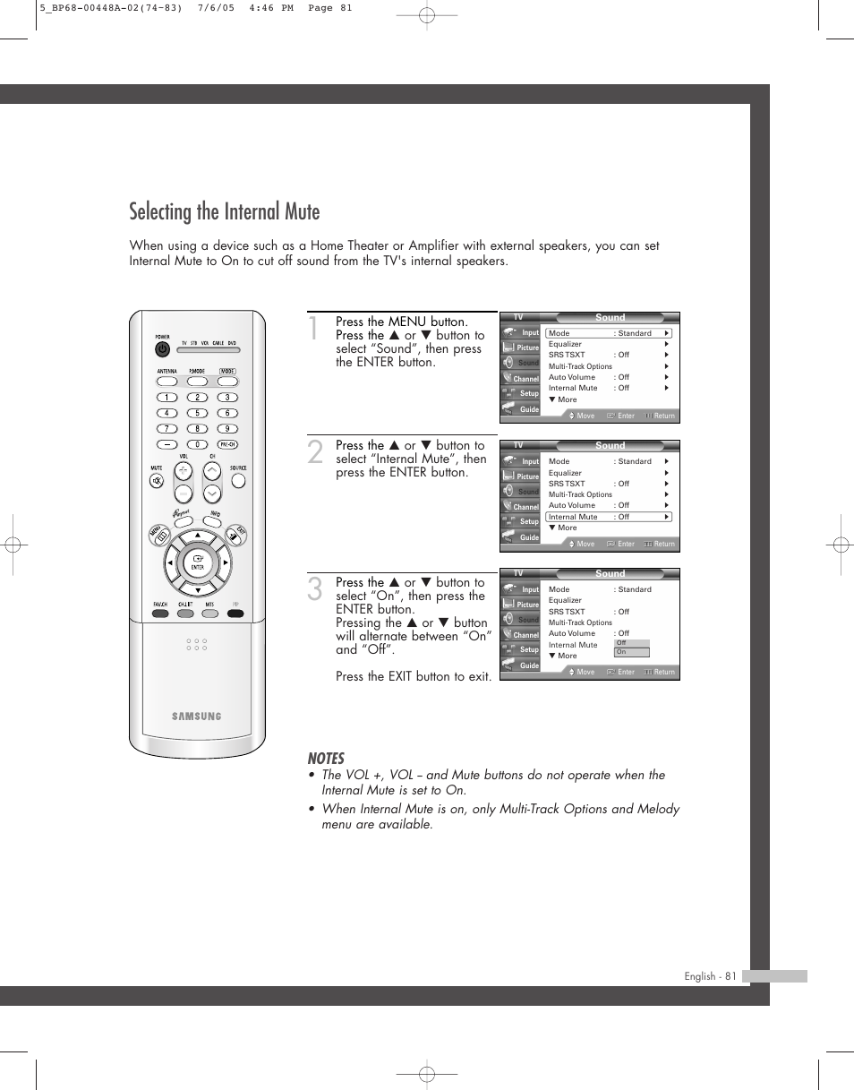 Selecting the internal mute | Samsung HL-R5687W User Manual | Page 81 / 104