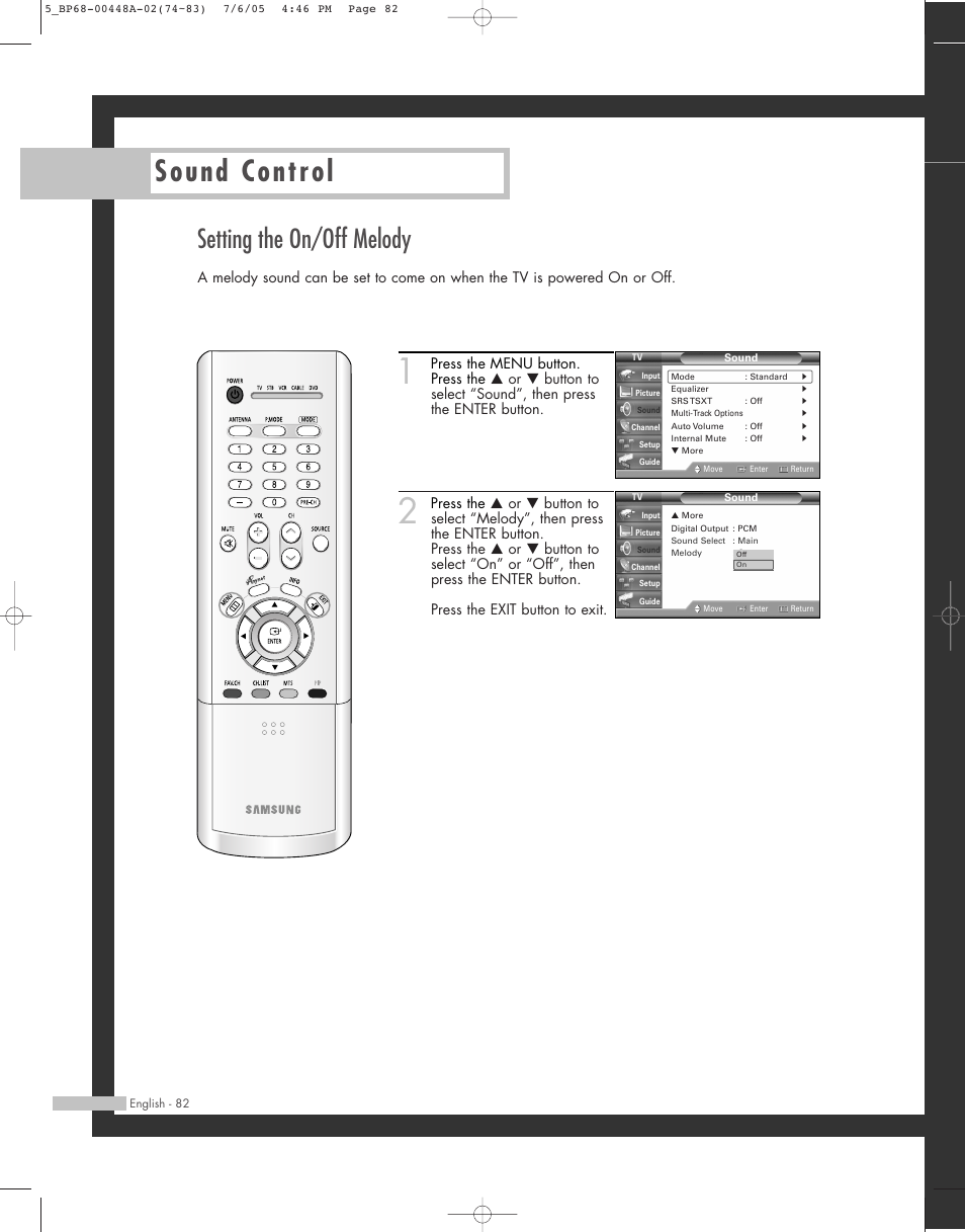 Sound control, Setting the on/off melody | Samsung HL-R5687W User Manual | Page 82 / 104