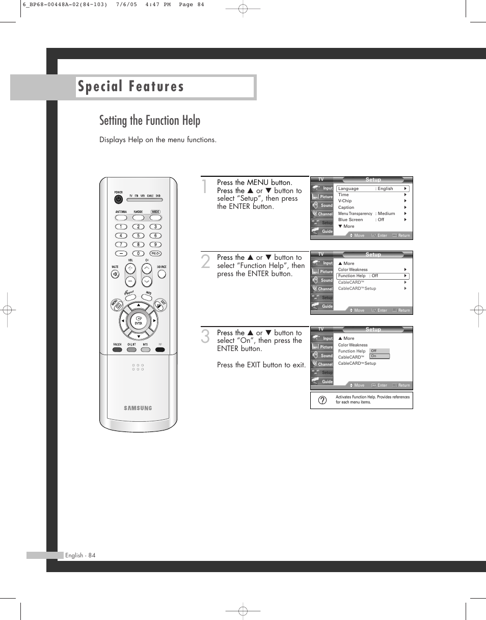 Special features, Setting the function help, Displays help on the menu functions | Samsung HL-R5687W User Manual | Page 84 / 104