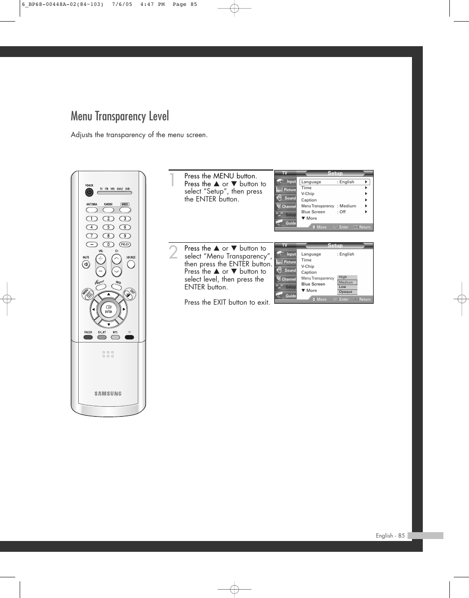 Menu transparency level, Adjusts the transparency of the menu screen | Samsung HL-R5687W User Manual | Page 85 / 104