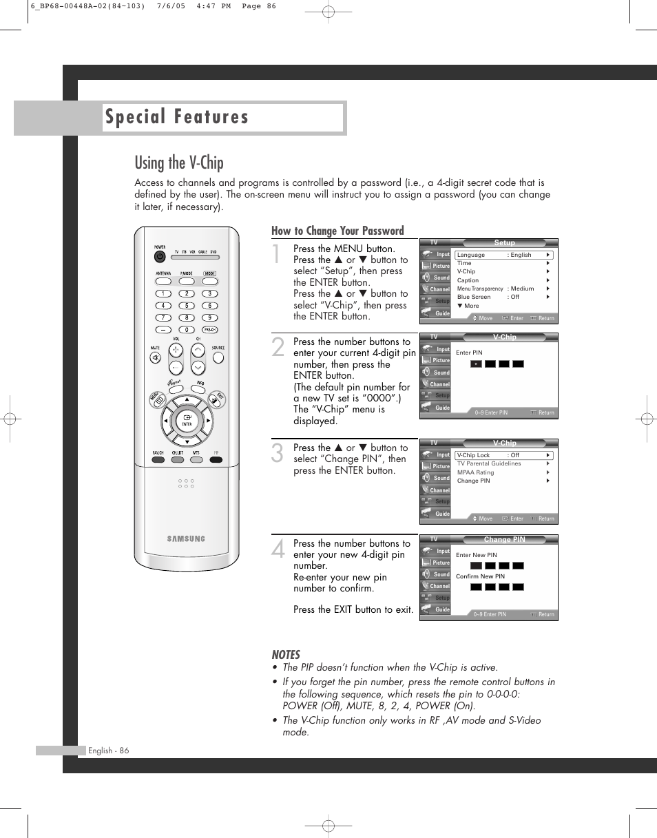 Special features, Using the v-chip, How to change your password | Samsung HL-R5687W User Manual | Page 86 / 104