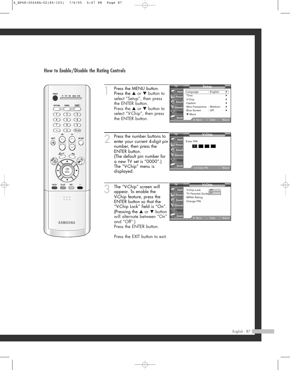 How to enable/disable the rating controls | Samsung HL-R5687W User Manual | Page 87 / 104