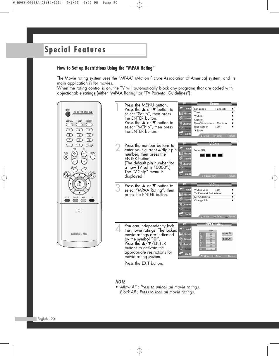 Special features, How to set up restrictions using the “mpaa rating | Samsung HL-R5687W User Manual | Page 90 / 104