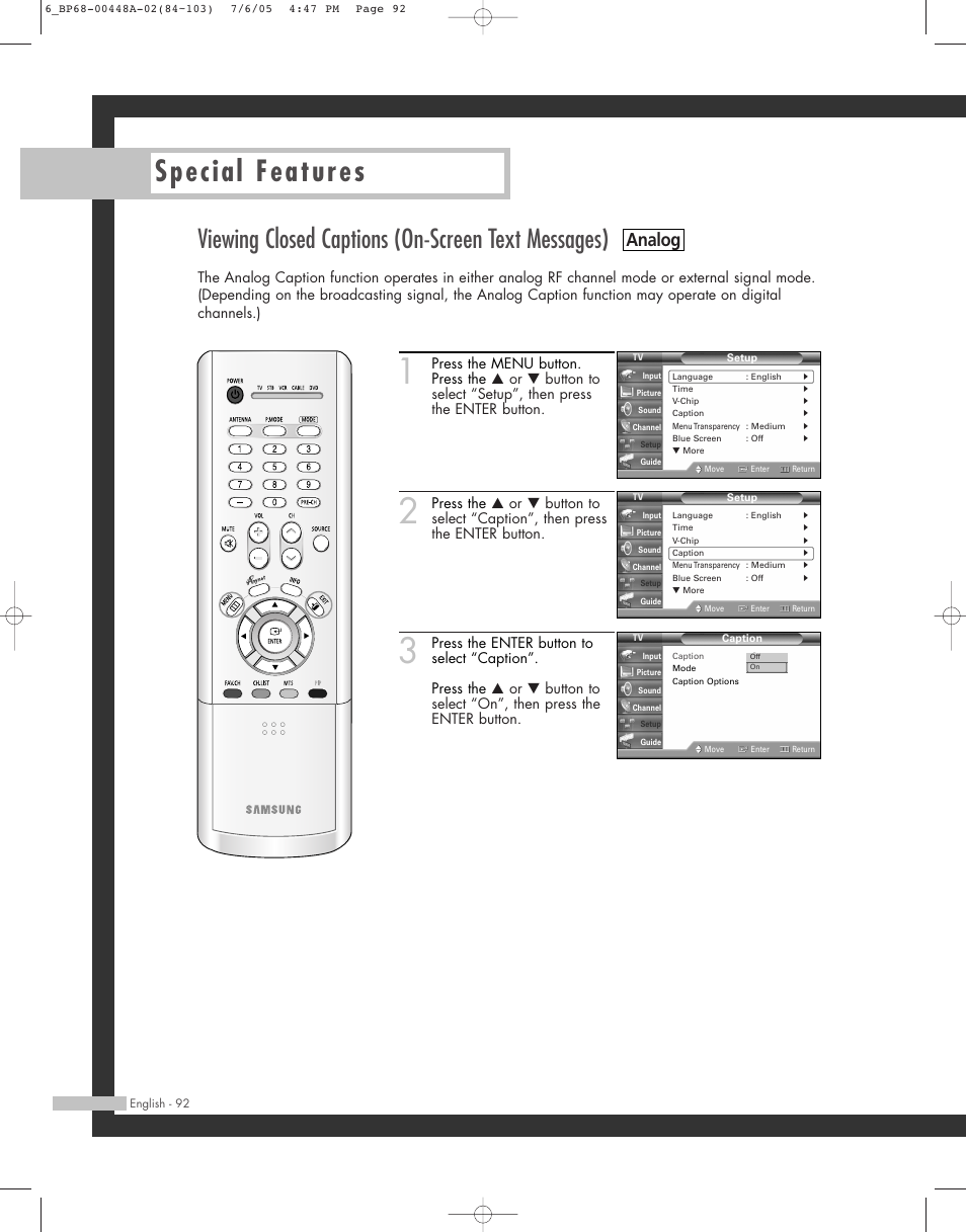 Special features, Viewing closed captions (on-screen text messages), Analog | Samsung HL-R5687W User Manual | Page 92 / 104