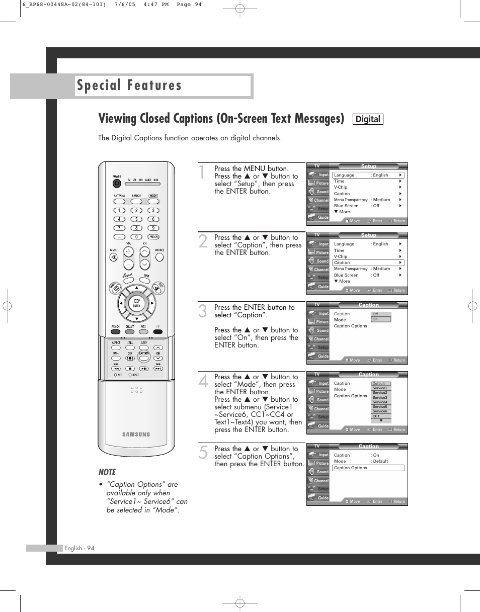 Special features, Viewing closed captions (on-screen text messages), Digital | Samsung HL-R5687W User Manual | Page 94 / 104