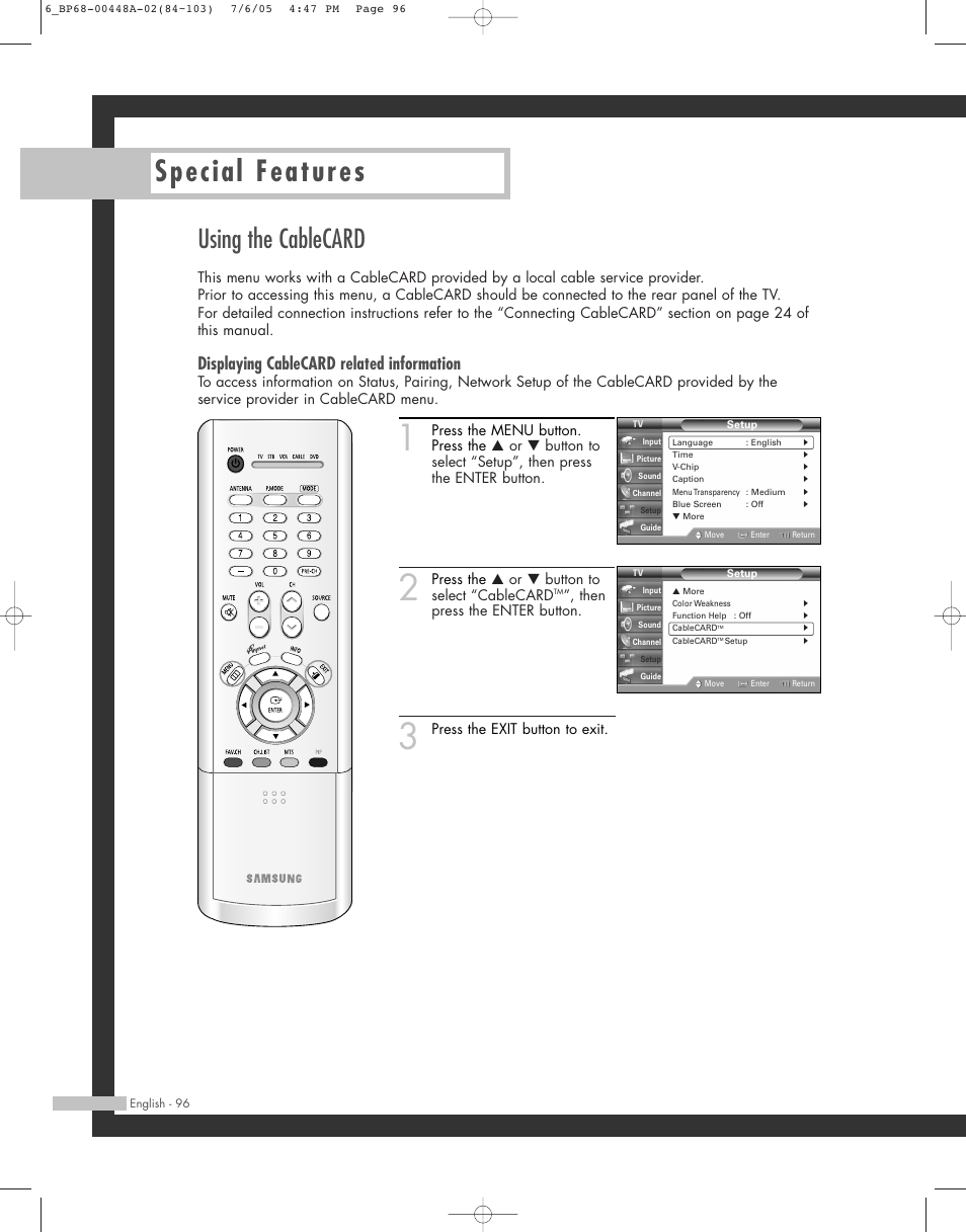 Special features, Using the cablecard, Displaying cablecard related information | Samsung HL-R5687W User Manual | Page 96 / 104