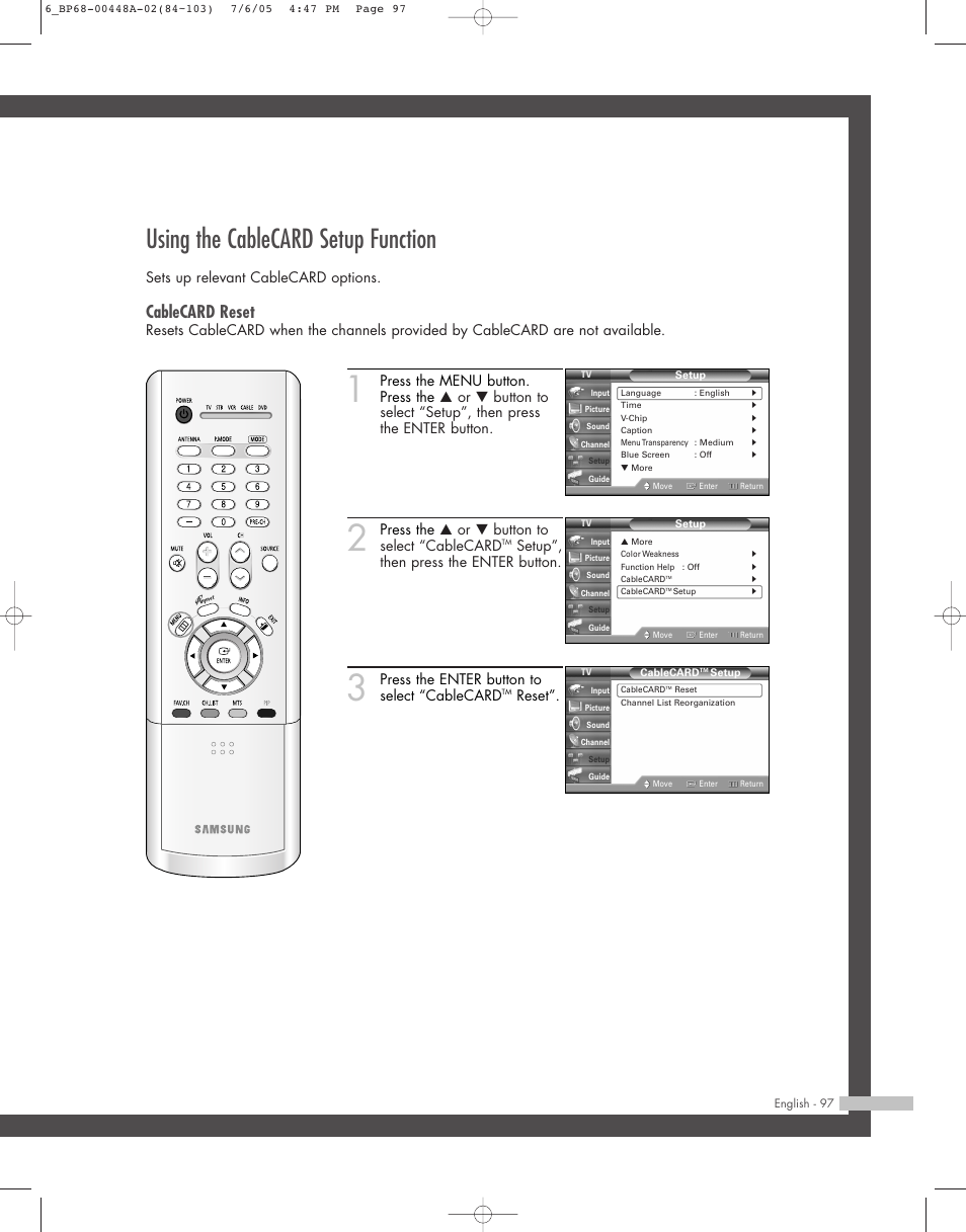 Using the cablecard setup function, Cablecard reset, Sets up relevant cablecard options | Press the … or † button to select “cablecard, Setup”, then press the enter button, Press the enter button to select “cablecard, Reset | Samsung HL-R5687W User Manual | Page 97 / 104