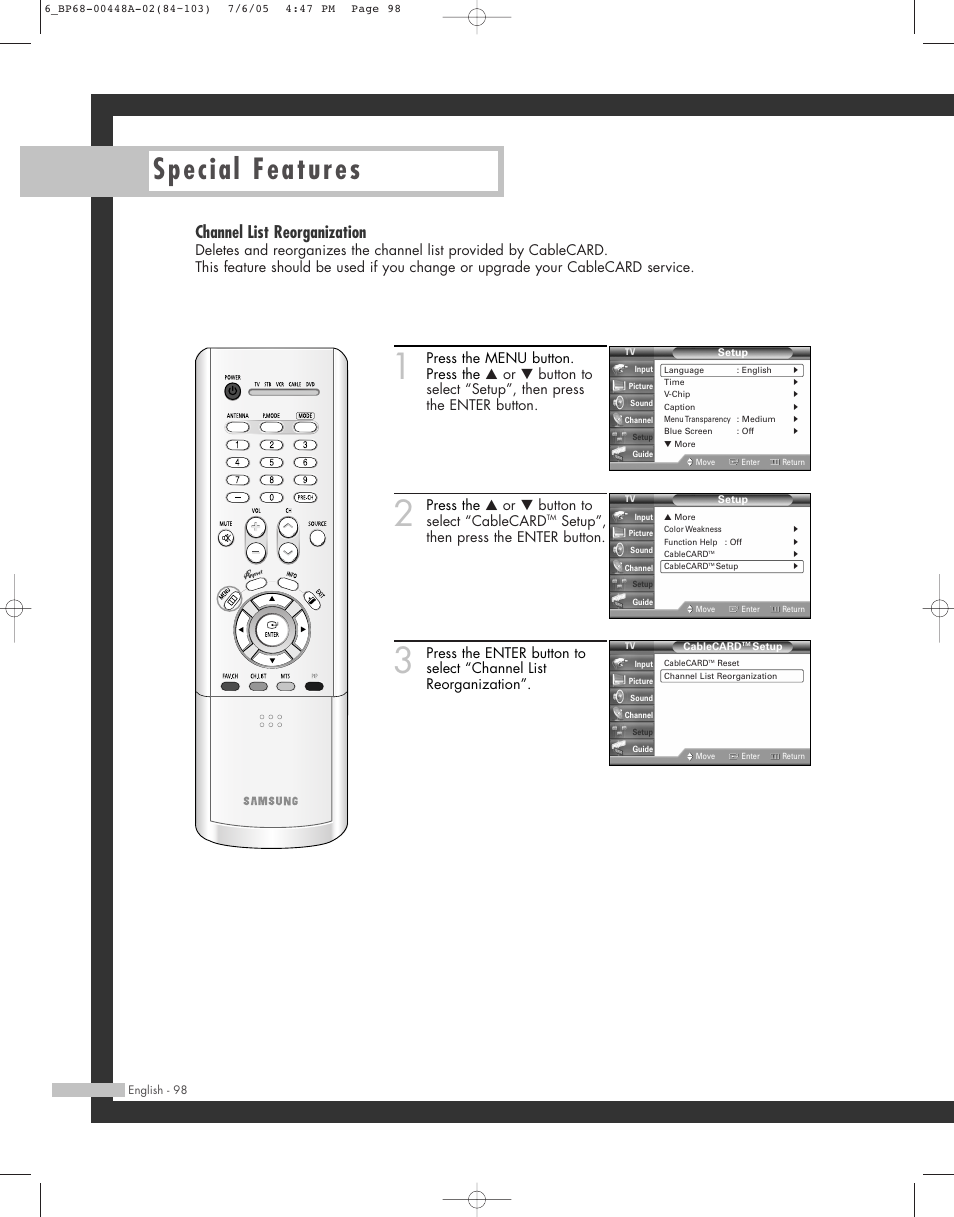 Special features, Channel list reorganization, Press the … or † button to select “cablecard | Setup”, then press the enter button | Samsung HL-R5687W User Manual | Page 98 / 104