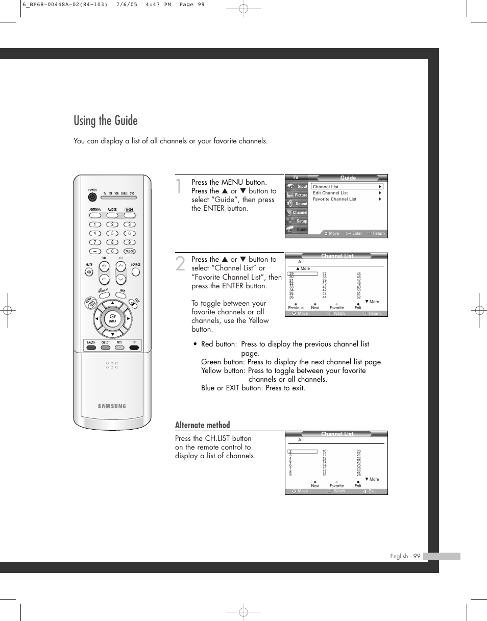 Using the guide, Alternate method | Samsung HL-R5687W User Manual | Page 99 / 104