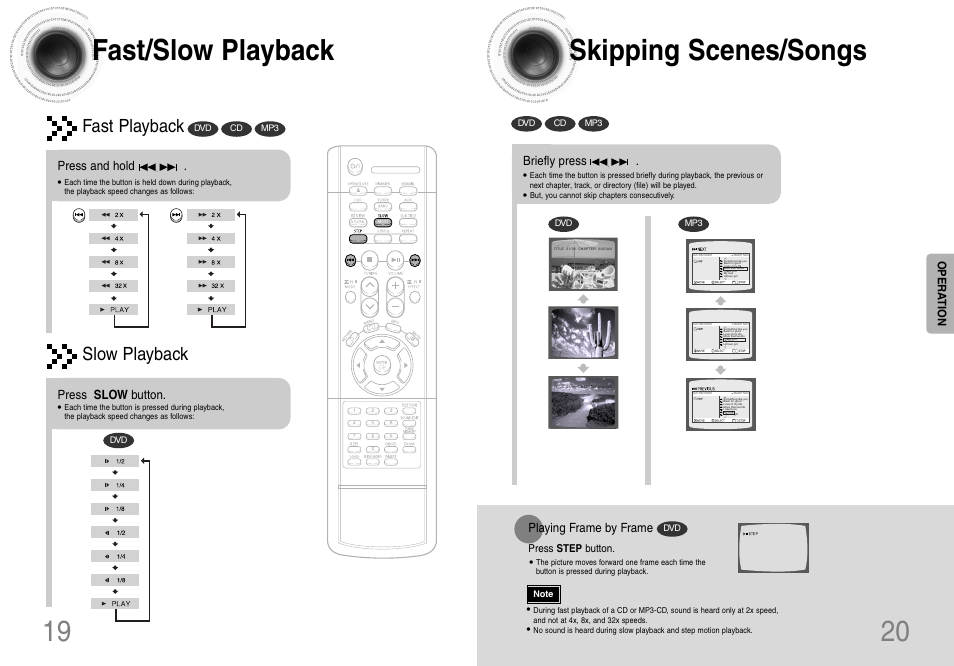 Skipping scenes/songs 20, Fast/slow playback, Fast playback | Slow playback | Samsung HT-DB120 User Manual | Page 11 / 31