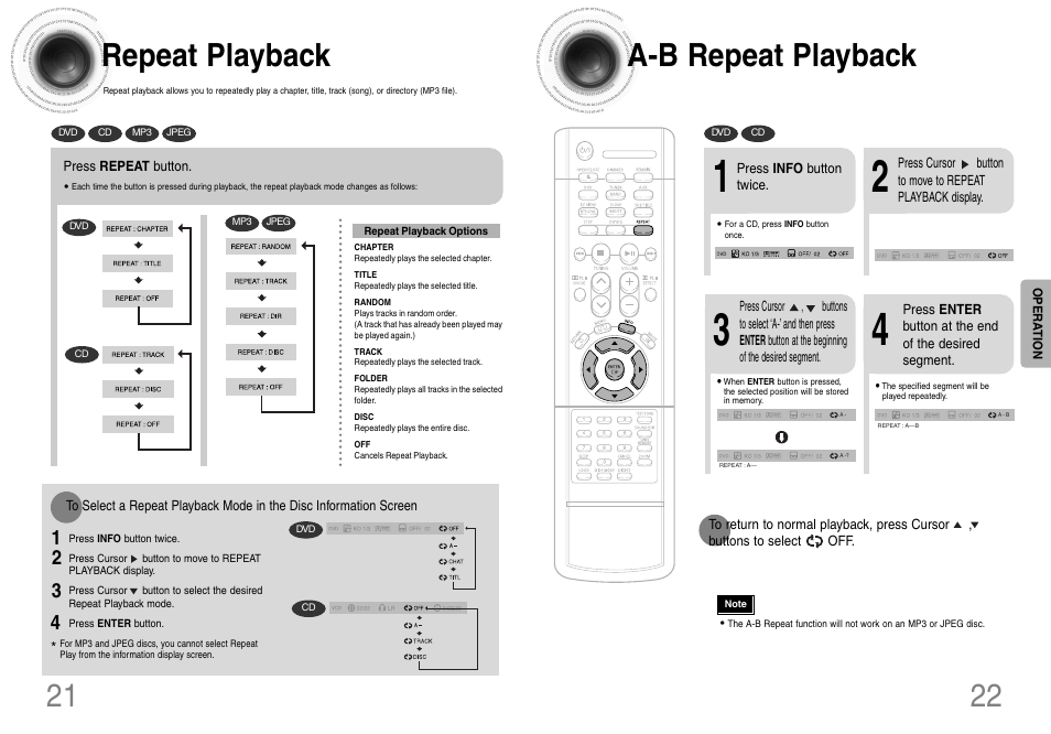 A-b repeat playback 22, Repeat playback | Samsung HT-DB120 User Manual | Page 12 / 31